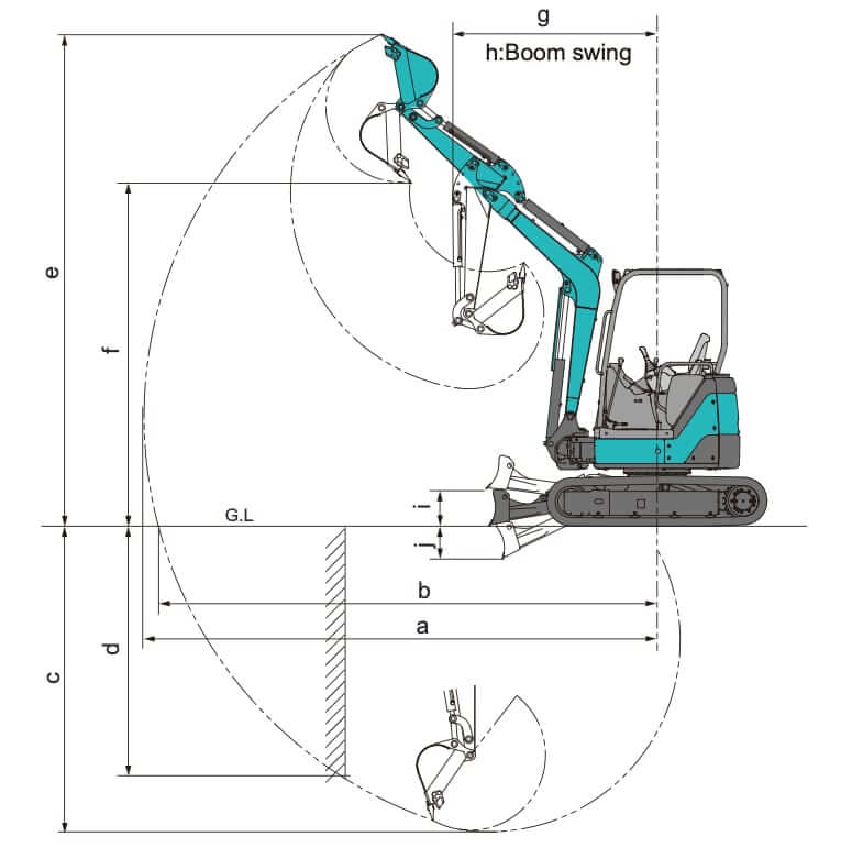 Airman AX50U-4 Mini Excavator Working Range