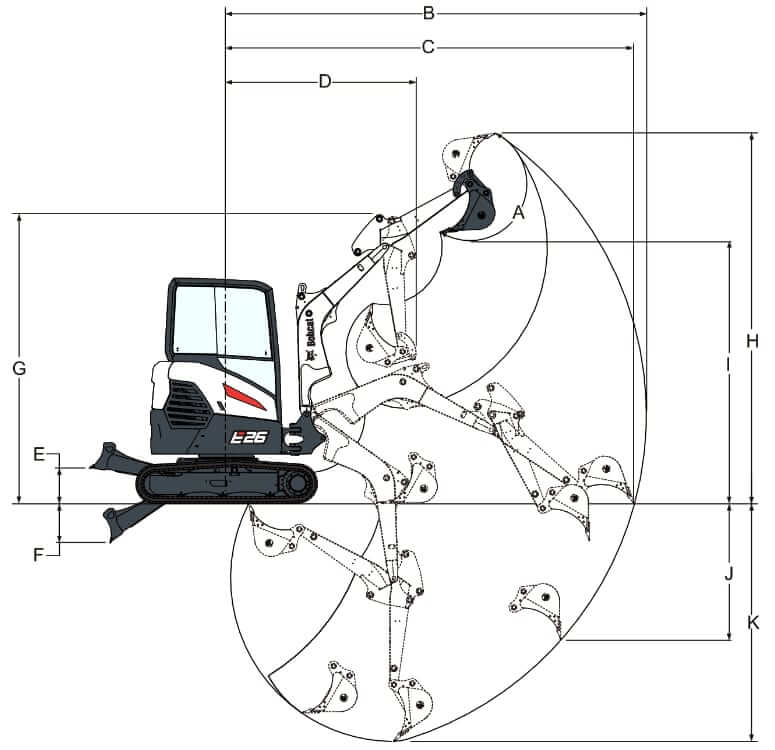 Bobcat E26 Mini Excavator Working Range