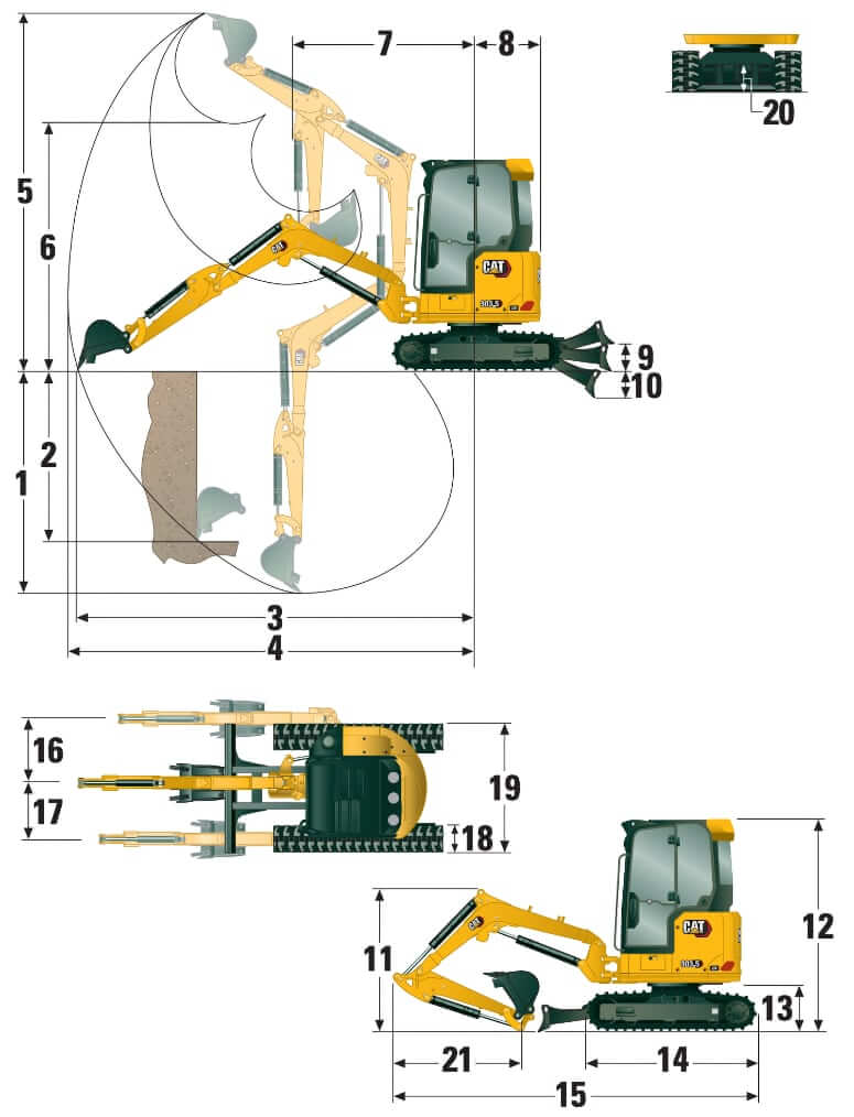 CAT 303.5 CR Mini Excavator Dimensions and Working Range