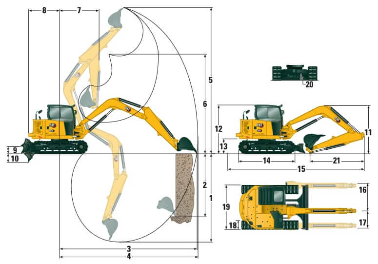 CAT 308 CR Mini Excavator Dimensions and Working Range