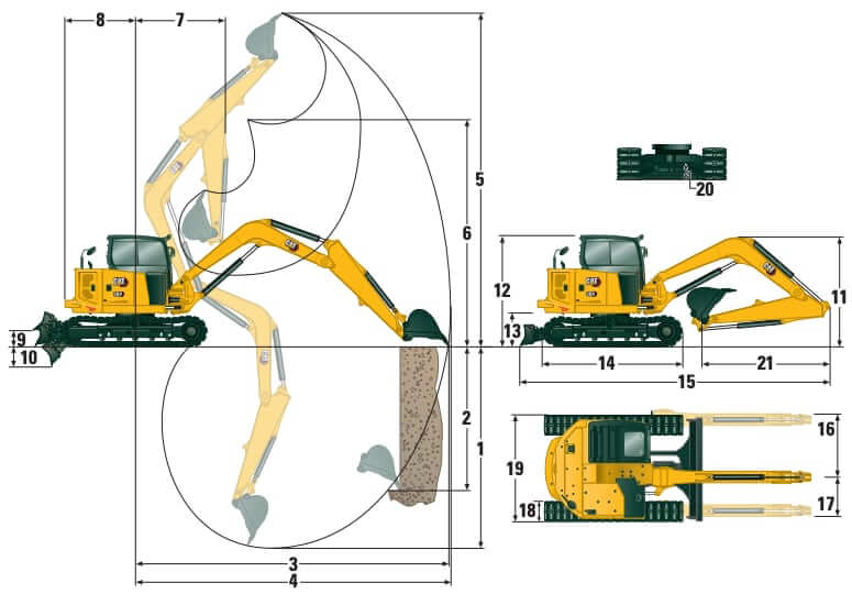 CAT 309 CR Mini Excavator Dimensions and Working Range