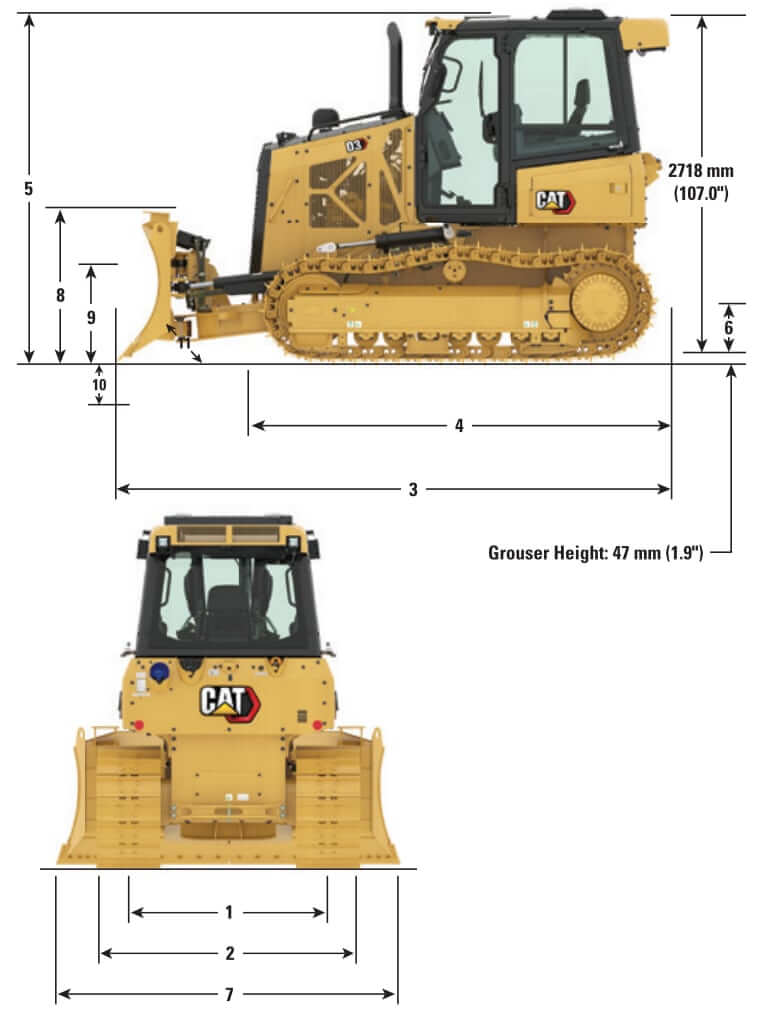 CAT D3 Dozer (2020-2025) Dimensions