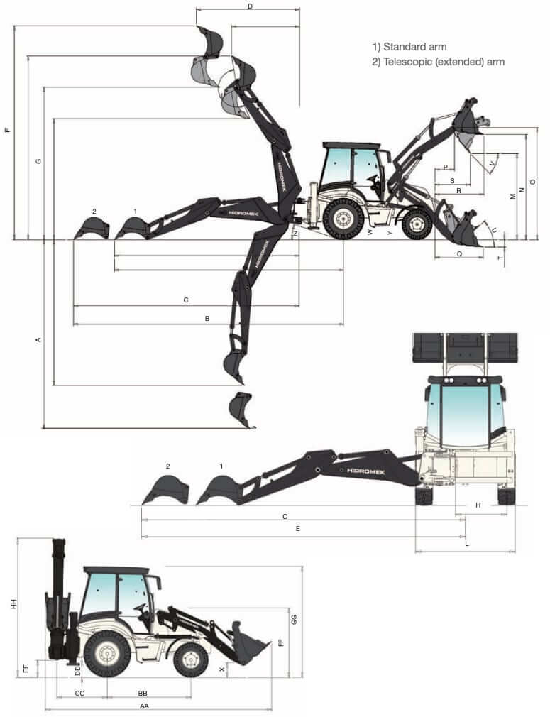 Hidromek 102B Maestro Backhoe Loader Dimensions