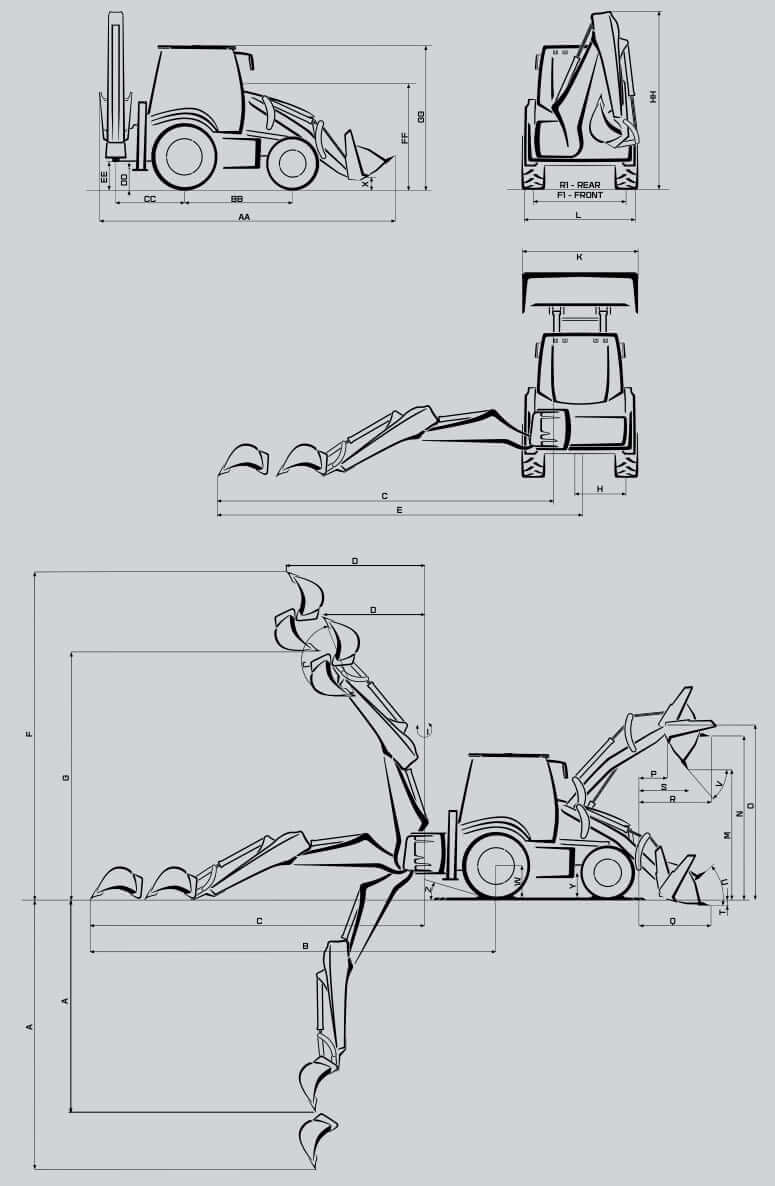 Hidromek HMK 102 B Alpha Backhoe Loader Dimensions