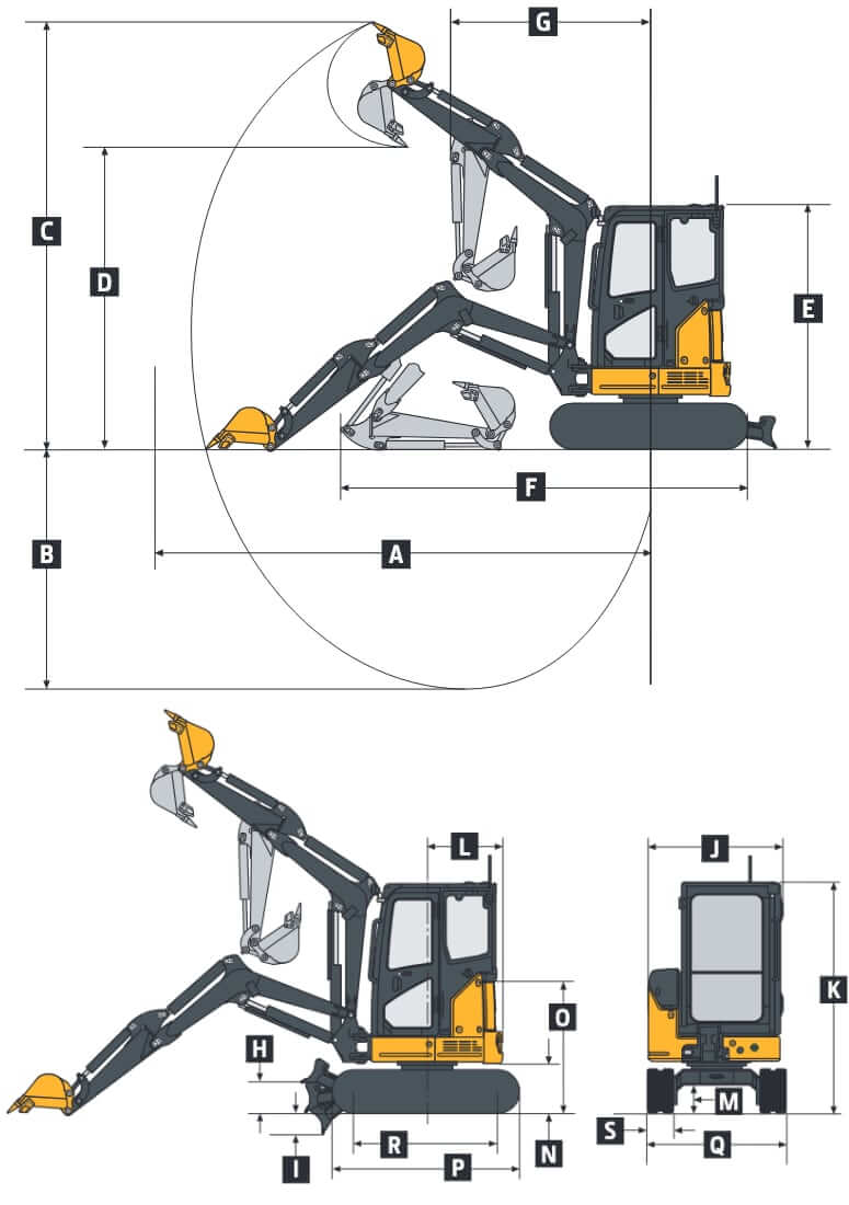 John Deere 26G Mini Excavator Dimensions and Working Range
