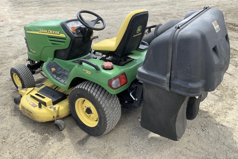 John Deere X495 with 3-Bag Rear Bagger attachment