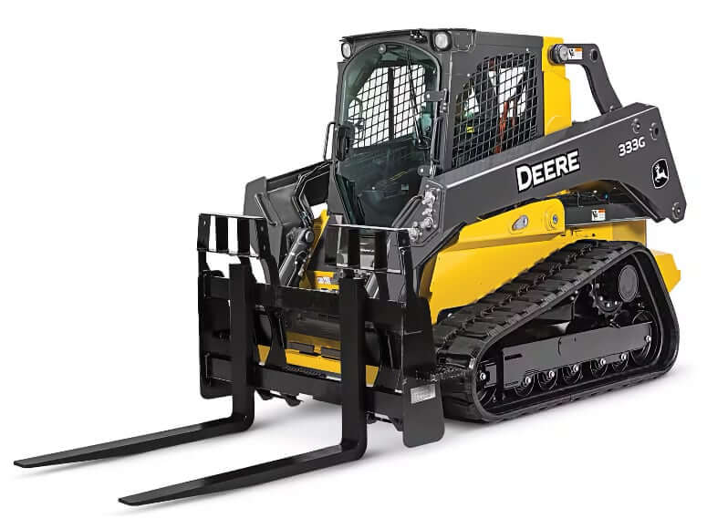 John Deere 333G with Pallet Fork Attachment