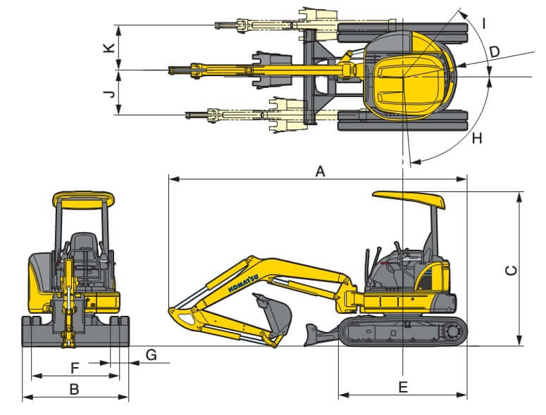 Komatsu PC35MR-3 Mini Excavator Dimensions