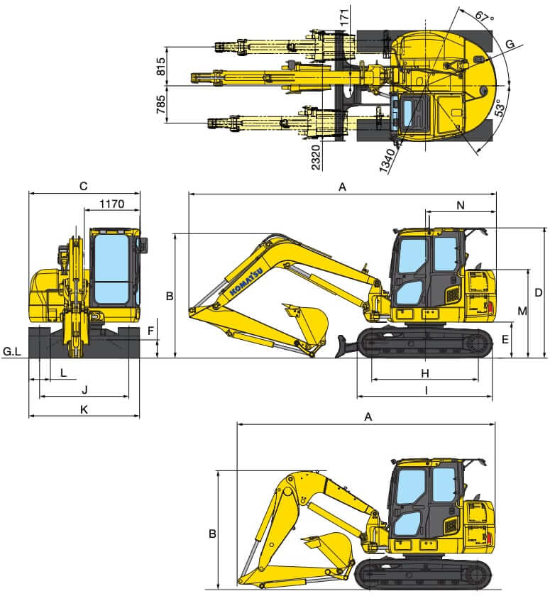 Komatsu PC88MR-10 Mini Excavator Dimensions