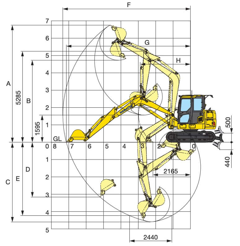 Komatsu PC88MR-10 Working Range with Mono Boom