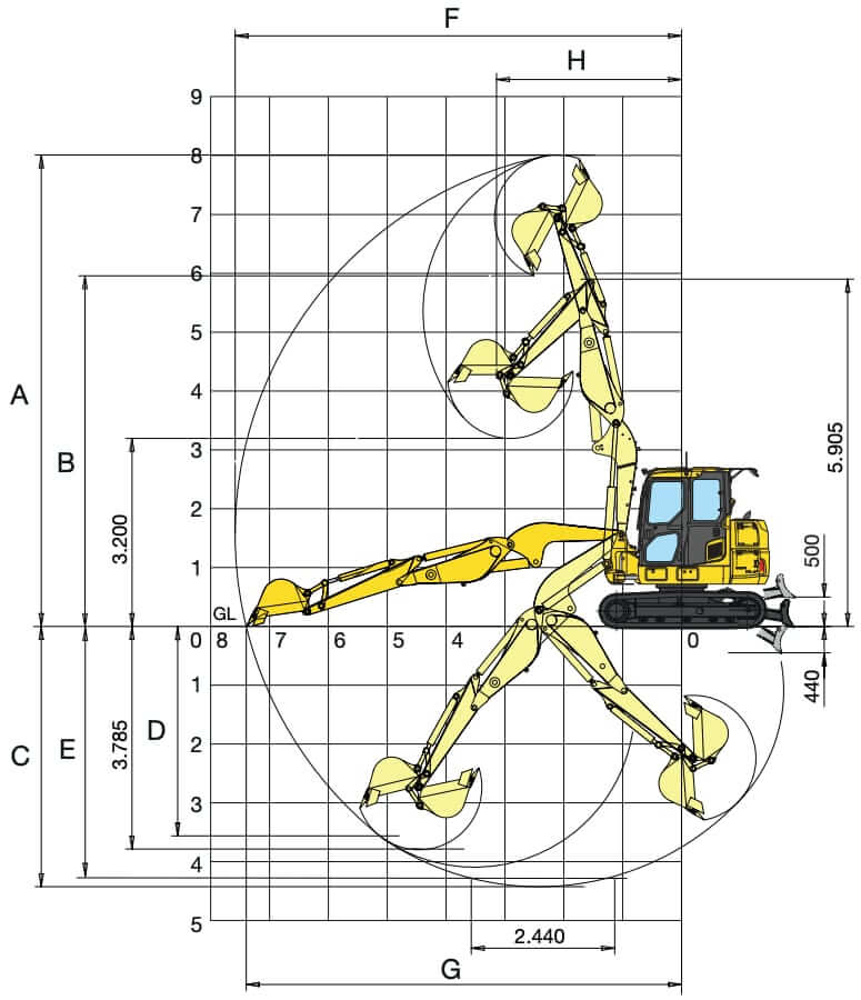 Komatsu PC88MR-10 Working Range with 2-Piece Boom