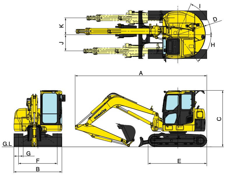Komatsu PC88MR-8 Mini Excavator Dimensions