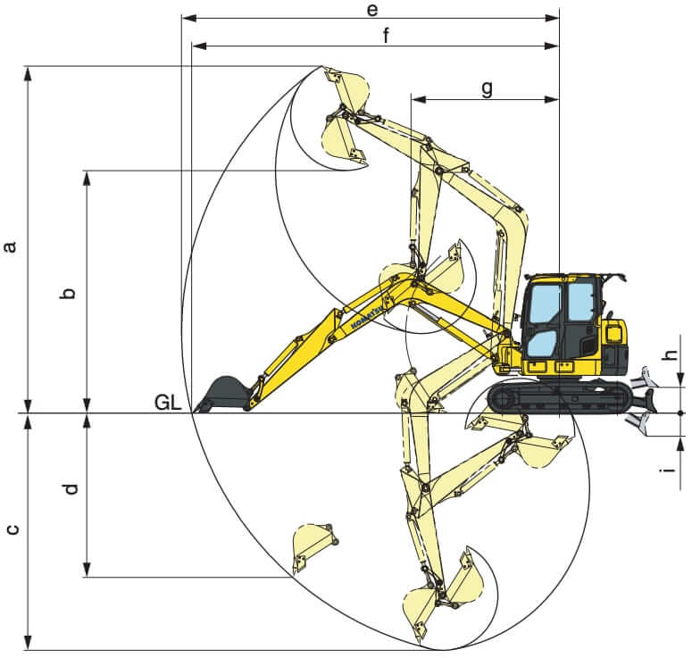 Komatsu PC88MR-8 Mini Excavator Working Range