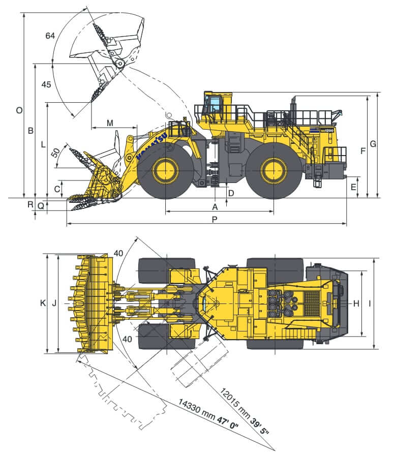 Komatsu WA1200-6 Dimensions and Working Range