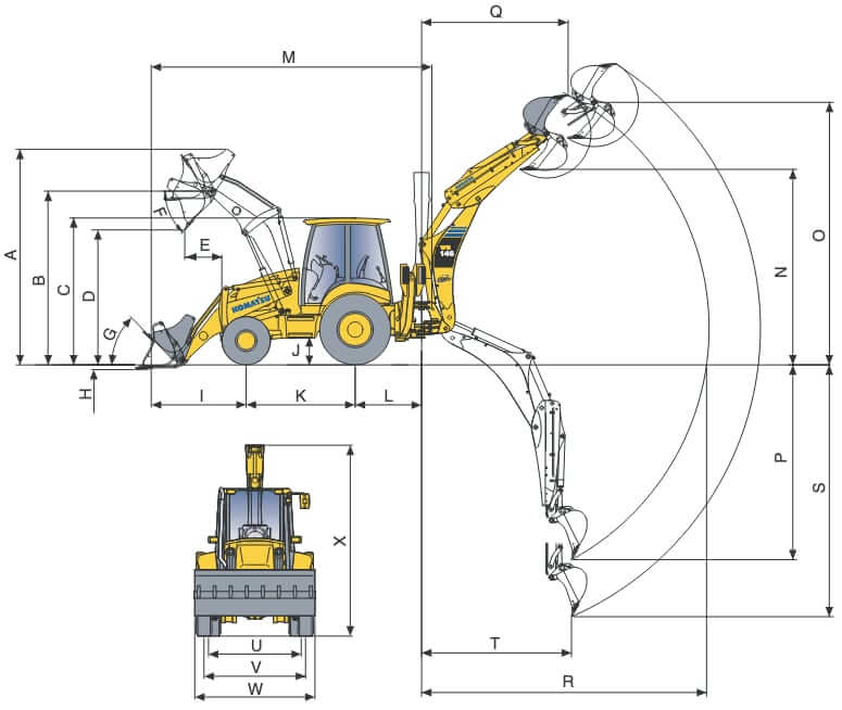 Komatsu WB146-5 Backhoe Loader Dimensions and Working Range