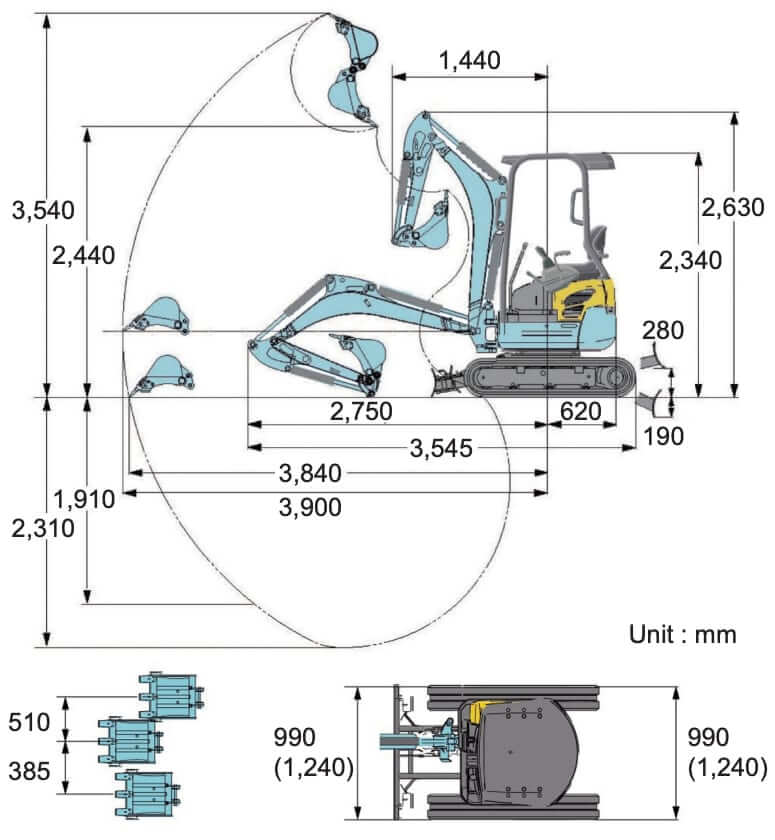Kubota U17-3 Mini Excavator Dimensions and Working Range