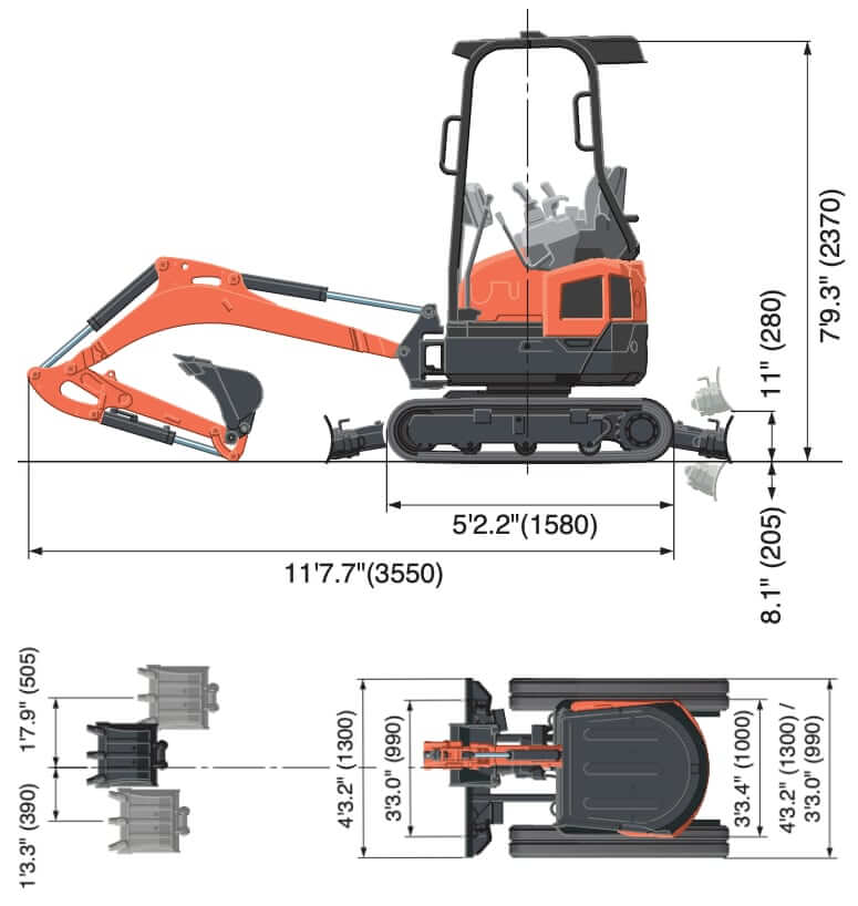 Kubota U17-5 Compact Excavator Dimensions