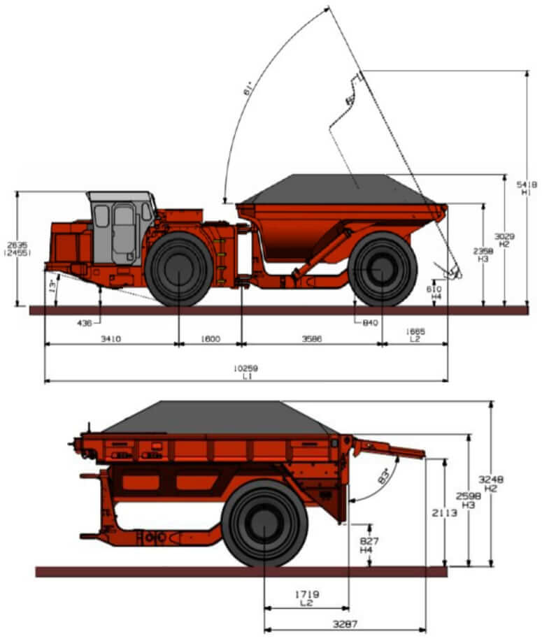 Sandvik Toro TH430 Underground Truck Dimensions