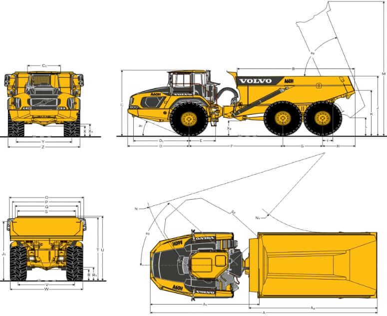 Volvo A60H Articulated Dump Truck Dimensions